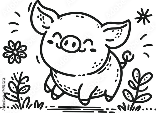 pig  hog in cute animal doodle cartoon  children mascot drawing  outline 