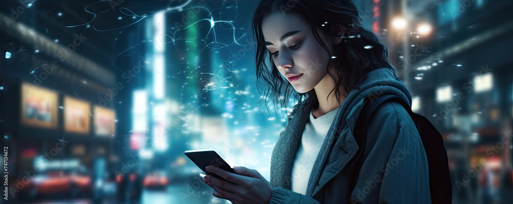 Smartphone in woman hands in night city background. Smartphone in woman hands in night city background.