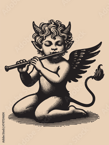 Satyr cute little boy plays the flute.  Old vintage engraving illustration. Hand drawn outline graphic. Logo, emblem, icon. Isolated object, cut out. black and white	