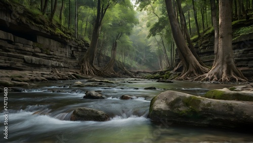 A peaceful scene unfolds before your eyes as you gaze upon the tranquil river, its surface rippling gently as it winds its way through a forest of stone bound bayan roots. photo