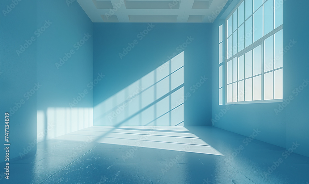 Fototapeta premium An empty room adorned with windows bathed in natural light, casting a soothing blue-toned ambiance. Ideal for creating a tranquil and airy atmosphere in interior design or architectural concepts.