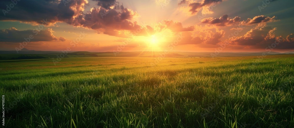 Serene Sunset Over a Lush Green Meadow: Beauty of Nature in Golden Hour