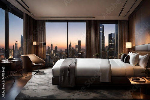 sophisticated hotel room with a king-size bed, ambient lighting, and a panoramic view of the city skylin photo