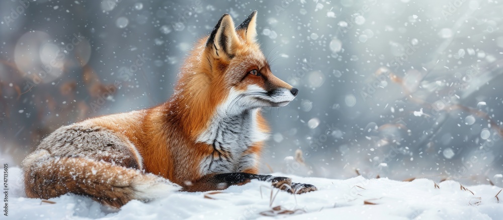 Obraz premium A red fox, Vulpes vulpes, is sitting in the snow, looking intently at something in the distance. The foxs fur stands out against the white snow, creating a striking contrast.