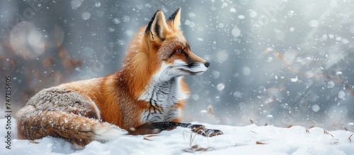 A red fox, Vulpes vulpes, is sitting in the snow, looking intently at something in the distance. The foxs fur stands out against the white snow, creating a striking contrast. © AkuAku