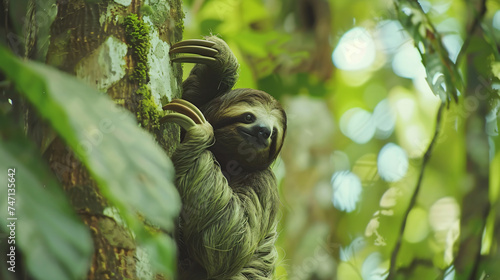 A Threetoed Sloth climbing down the tree in Man photo