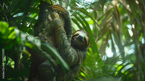 A Threetoed Sloth climbing down the tree in Man photo