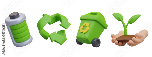 3D round charged battery, recycling sign, closed wheelie bin, hands holding plant