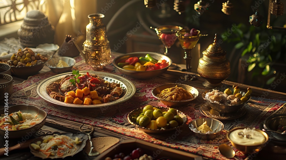 Traditionally prepared meal served at iftar during Ramadan after the fast has been broken