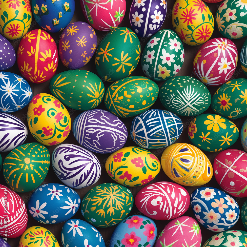 A set of colorful easter eggs that lie close to each other on a dark brown background A set of colorful easter eggs that lie close to each other on a dark brown background