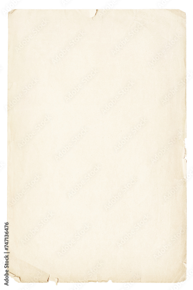 light paper sheet isolated on white background. beige texture of ancient papyrus with frayed edges