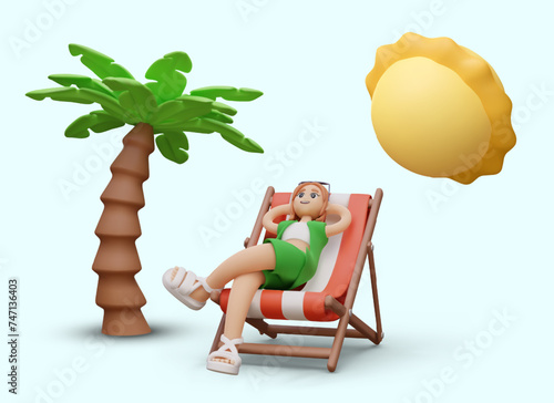 Woman rests in beach chair near palm tree. Female character sunbathing under sun