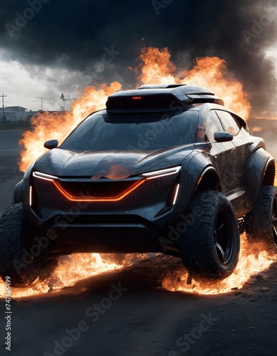 A monstrous off-road vehicle dominates the foreground  surrounded by an explosive inferno in an industrial area. The imposing presence of the vehicle is magnified by the fiery ordeal it faces.