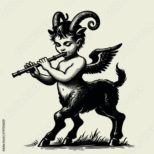 Satyr cute little boy plays the flute. Old vintage engraving illustration. Hand drawn outline graphic. Logo, emblem, icon. Isolated object, cut out. black and white 