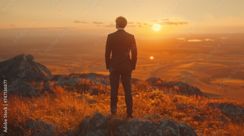 Fototapeta premium Adventurer in suit gazes at distant horizon