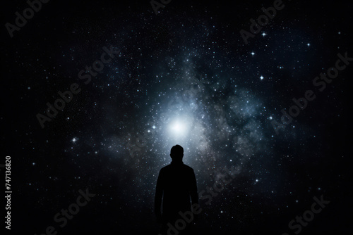 Starry Way: A Man's Silhouette Standing on a Mountain Peak, Embracing the Beauty of the Universe in a Cosmic Landscape.