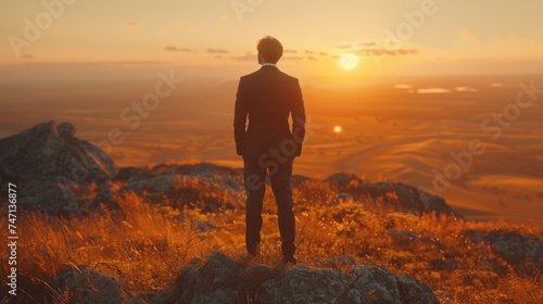 Adventurer in suit gazes at distant horizon