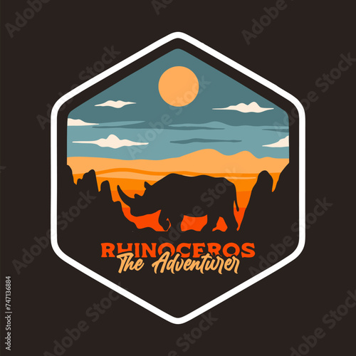 RHINOCEROS WILD ANIMAL EXPLORER BADGE LOGO DESIGN VECTOR ILLUSTRATION