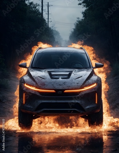 An electric SUV stands enveloped in a blazing aura on a misty road at dusk  its lights piercing the twilight. This image conveys the essence of a high-tech journey under a shroud of mystery.