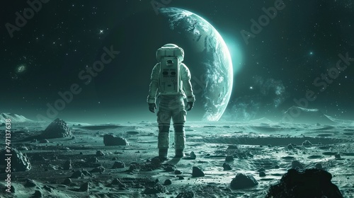 Lone space traveler stands on desolate planet