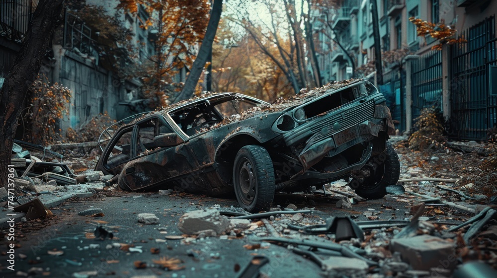 Urban disarray showcased by flipped car aftermath - obrazy, fototapety, plakaty 
