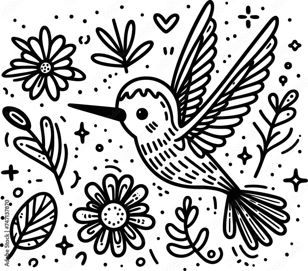 hummingbird in cute animal doodle cartoon, children mascot drawing, outline,