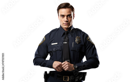 A man wearing a police uniform is striking a pose for a photograph. He stands confidently, showcasing his authority and professionalism. Isolated on a Transparent Background PNG.