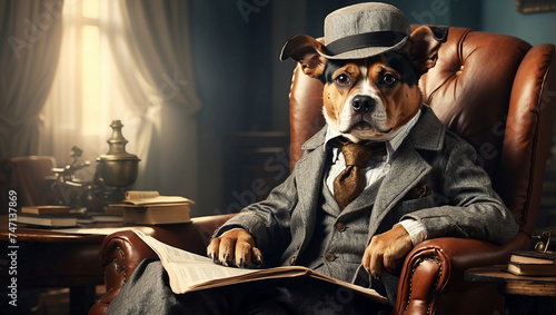 a dog in a suit and bowler hat sits in a chair reading a newspaper, detective