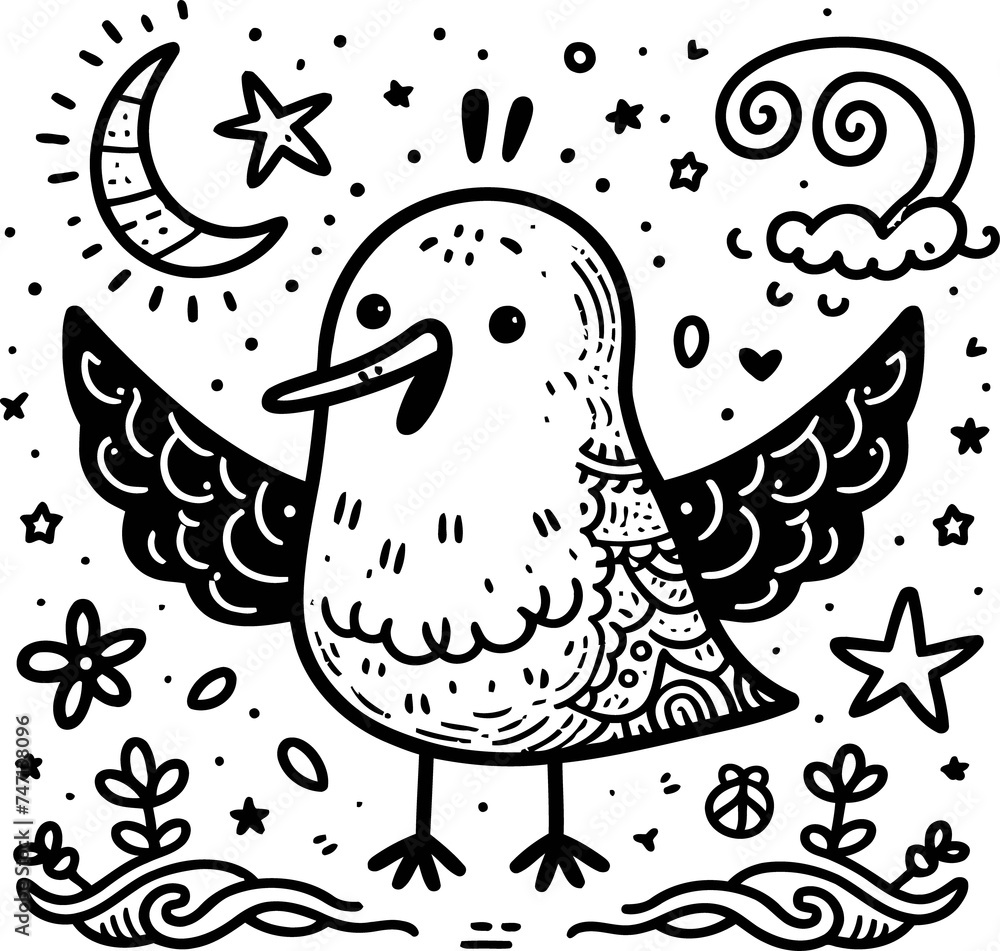 Fototapeta premium dove, pigeon, bird in cute animal doodle cartoon, children mascot drawing, outline,