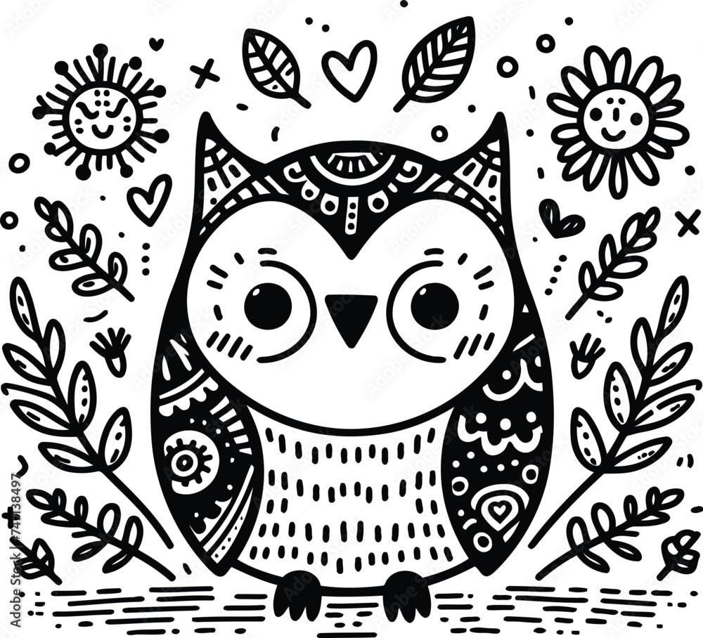 owl bird in cute animal doodle cartoon, children mascot drawing, outline,

