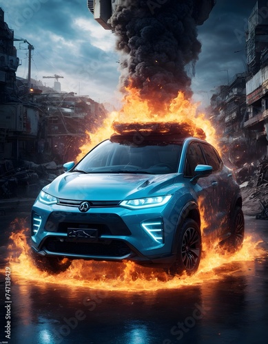 A sleek blue SUV stands defiant in the midst of an urban inferno  the flames reflecting its determination. The vehicle s poised stance suggests a calm within the storm.