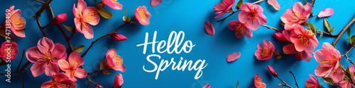 Lettering spring season with plants, leaves and colorful flowers. Hello spring, 1 march concept. Template for greeting card, invitation, banner, poster photo