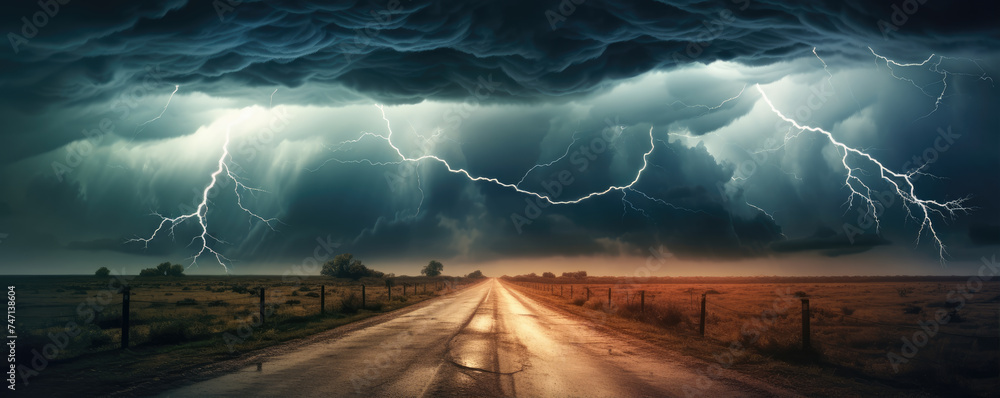 Thunder super storm or tornado on road. - obrazy, fototapety, plakaty 