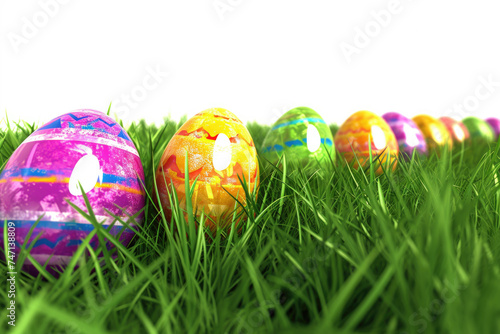 Brightly colored Easter eggs displayed in grass, perfect for Easter holiday designs