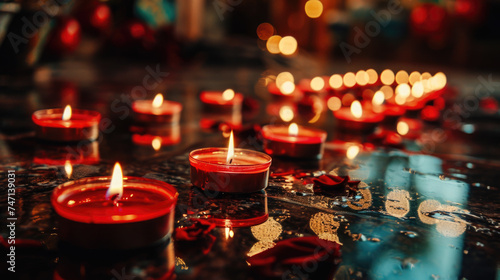 Group of red candles on table, perfect for home decor or holiday celebrations © Luisa