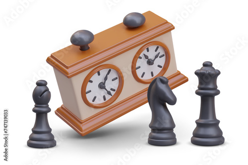 3D chess clock, bishop, knight, queen. Black game pieces and timer