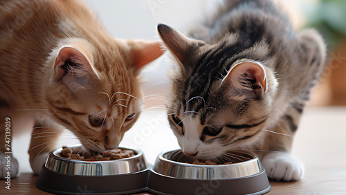 Two cats eating cat food in a cat bowl. photo