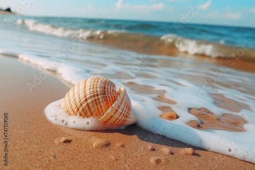 Exquisite seashell on sandy beach, tranquil shoreline with delicate sea shell discovery