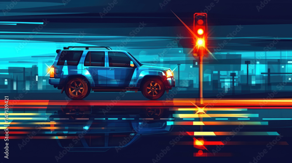Fototapeta premium Blue SUV parked at traffic light, suitable for transportation concepts