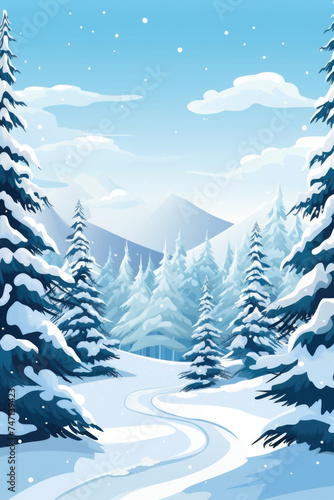Winter scene with snowy pine trees and road, suitable for travel or nature concepts © Luisa