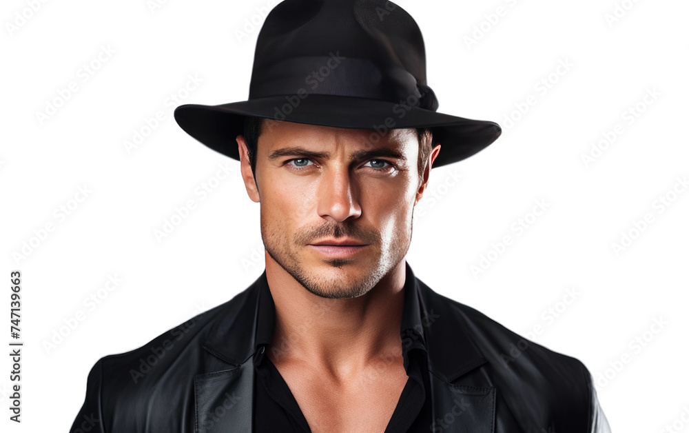 Man Wearing Black Hat and Jacket. He appears confident and stylish in his outfit, exuding a strong presence. Isolated on a Transparent Background PNG.