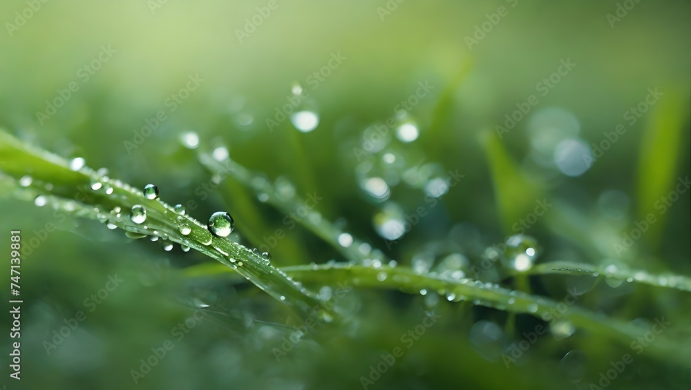 A close-up of dew on grass, rendered as an abstract blur of green with sparkling water droplets blending into a soft, dreamy background. generative AI A close-up of dew on grass, rendered as an abstract blur of green with sparkling water droplets blending into a soft, dreamy background. generative AI