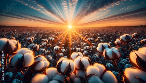 A serene cotton field at sunrise, with soft light illuminating the fluffy cotton bolls. generative AI