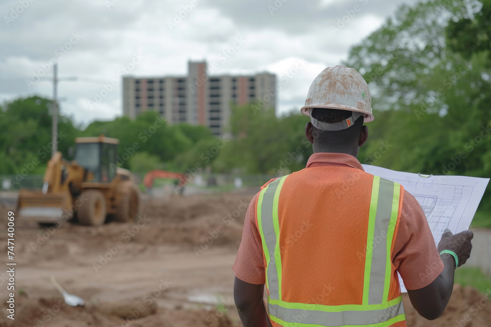 Construction worker holding blueprint in front of construction site Construction worker holding blueprint in front of construction site
