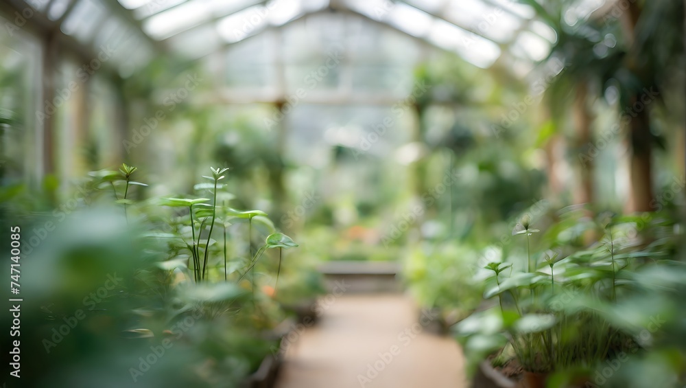 Abstract Blurred depiction of a botanical garden greenhouse, where the variety of green plants creates a soft, verdant blur of tranquility. generative AI