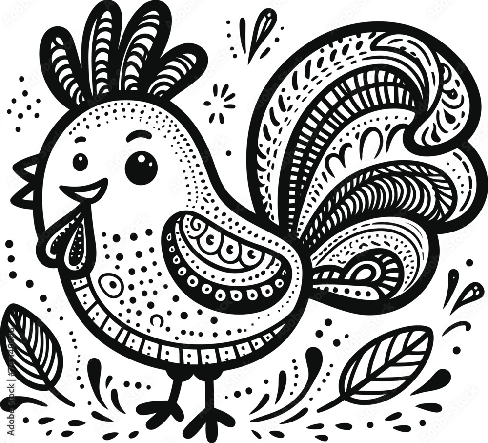 roster chicken bird in cute animal doodle cartoon, children mascot drawing, outline, 