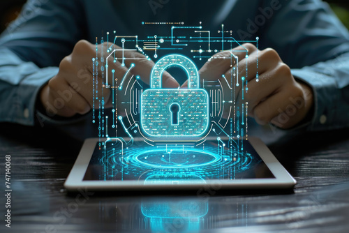 Image of person holding tablet with padlock, suitable for cybersecurity concepts