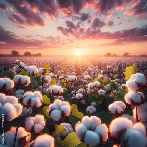 A serene cotton field at sunrise  with soft light illuminating the fluffy cotton bolls. generative AI