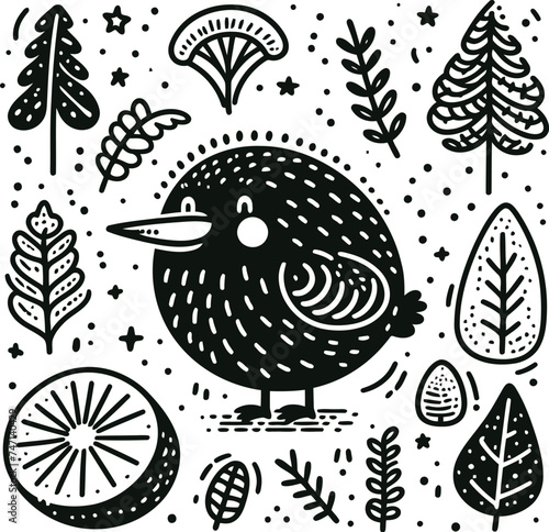kiwi bird in cute animal doodle cartoon, children mascot drawing, outline, 