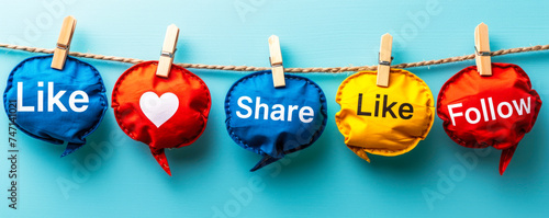Engagement concept with Like, Share, Follow speech bubbles pinned on a string against a soft blue background, representing social media interaction and online community engagement photo